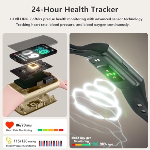 Image of FITVII FINO 2 Slim Fitness Tracker, Smart Watch with Blood Oxygen, Sleep Monitor, 24 /7 Heart Rate & Blood Pressure, IP68 Waterproof Health Activity Trackers with Calories Step Counter for Women Men