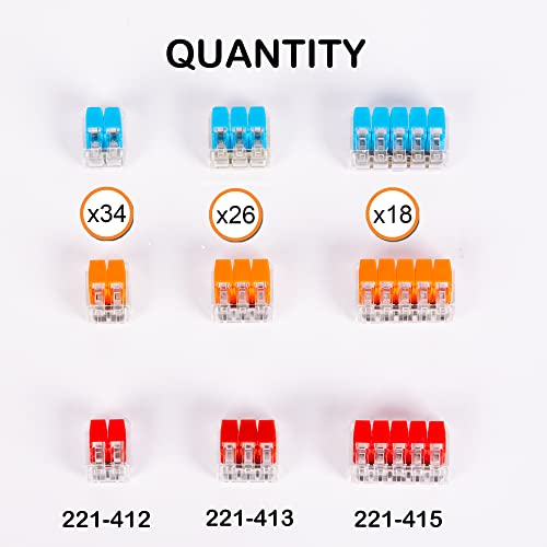 Exceedconn Wire Connectors 221 Lever Nuts | 78Pc Electrical Connectors Splice Kit Assortment | Includes (34X 221-412), (26X 221-413), (18X 221-415) #TOP3