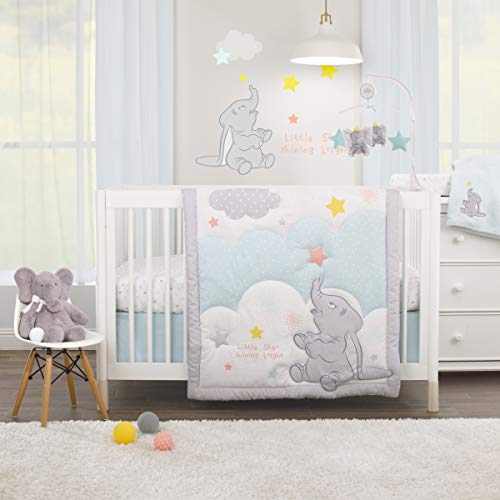 Image of Disney Dumbo Shine Bright Lil Star Light Blue, Gray, and White Stars and Clouds 4 Piece Nursery Crib Bedding Set - Comforter, Fitted Crib Sheet, Changing Pad Cover, and Crib Skirt