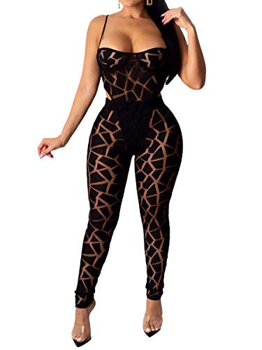 Women Sexy See Through Two Piece Jumpsuits Halter Camisole Bodysuit Sheer Mesh Skinny Pants Club Long Romper Black L #TOP1