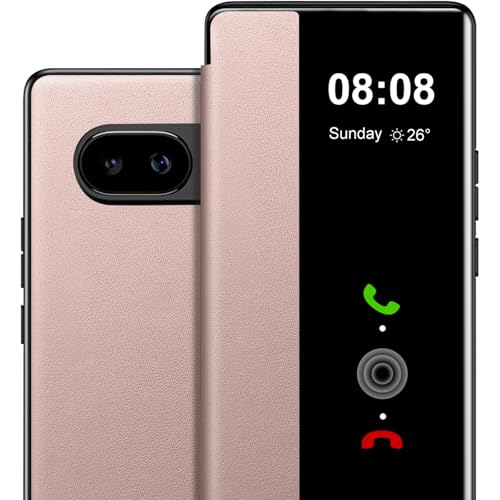 Étui S View Google Pixel 9A rose avec protection anti-rayures en cuir et polycarbonate