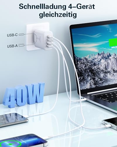2-Pack USB C Ladegerät, Mehrfach Netzteil USBC 40W 4-Port USBC Power Adapter+QC USB Stecker Schnellladegerät für iPhone 15 14 13 12 11 Pro Max Plus XS XR, Samsung, Handys USB C Fast Charger