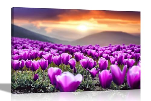 Artley Prints - Purple Tulip Field Sunrise Mountain Canvas Prints Art for Living Room Conservatory Hallway Decoration Pictures 76 x 50cm (30 x 20 inches)