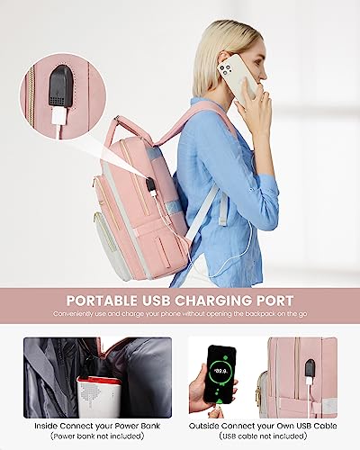 Image of LOVEVOOK Laptop Backpack, D-Pink-Grey, 15.6in Laptop Compartment, 26L Capacity, 18 Pockets, Ergonomic Shoulder Straps, USB Charging Port