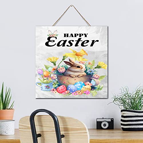Plaque murale Happy Easter lapin bois suspension Pâques 30cm - 4