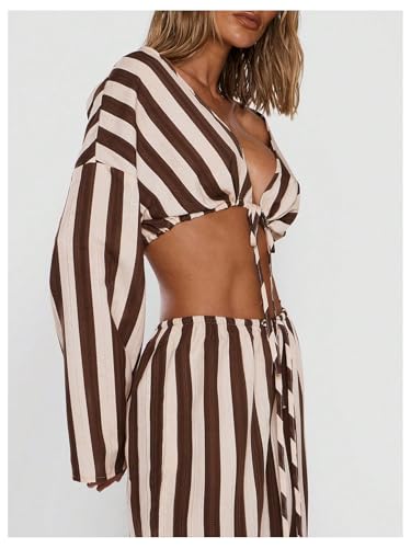 Milumia Women's Striped Tie Front Long Sleeve Crop Tops V Neck Beach Going Out Top2