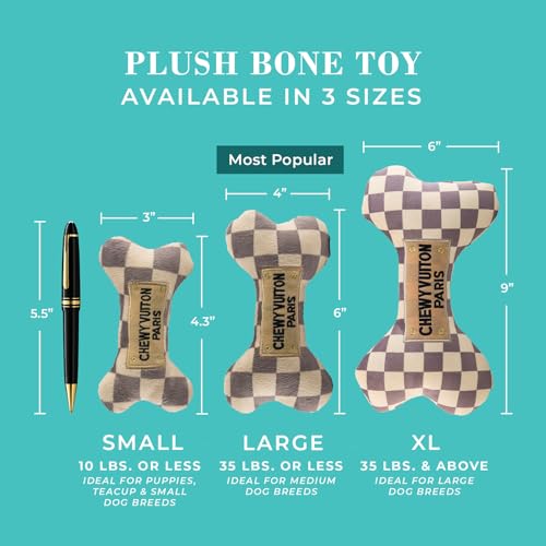 Haute Diggity Dog Chewy Vuiton Bone Plush Squeaky Dog Toy, Soft Durable Designer-Inspired Stuffed Puppy Chew Toys for Small & Medium Dogs, Machine-Washable (Tan Checker) Large - Image 3
