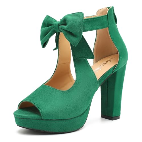 Image of fereshte Women's Bow Chunky Heel Sandals, Platform High Heel, Peep Toe, 3.94 Inch Block Heel