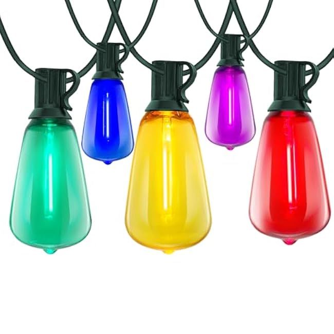 LED Outdoor String Lights Waterproof 50FT Christmas Patio Lights with 27 ST38 Shatterproof Multicolor Bulbs(2 Spare), Connectable Outside Hanging Christmas Lights for Backyard Yard Gazebo Porch Party