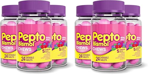Image of Pepto Bismol Chews, Fast and Effective Digestive Relief from Nausea, Heartburn, Indigestion, Upset Stomach, Diarrhea, Berry Mint Flavor, 24 Count,(Pack of 6)