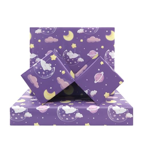 Papier cadeau fille motif céleste lapin sur lune finition soignée