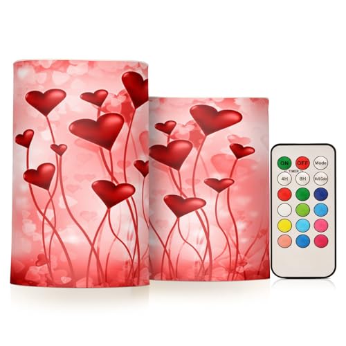 ALAZA Valentines Day Pink Hearts Flickering Flameless Candles Battery Operated with Remote Timer,Tea Light Candles LED Pillar Votive Candles Set of 2 for Outdoor Indoor Decorations