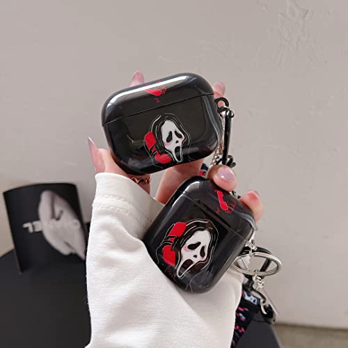 Cool Scream Ghost Soft Tpu Airpods 1/2 Case，With Funny Skull Lanyard Keychain，For Fashion Girls Boys Airpods Case（Black） #TOP2