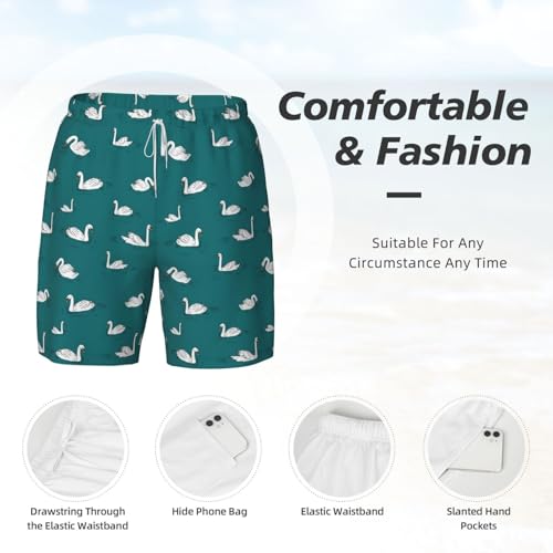 Men's Cute Swans Print Quick-Dry Mesh Swim Trunks Stretch Lining Beach Shorts Surfing Summer Vacations White4