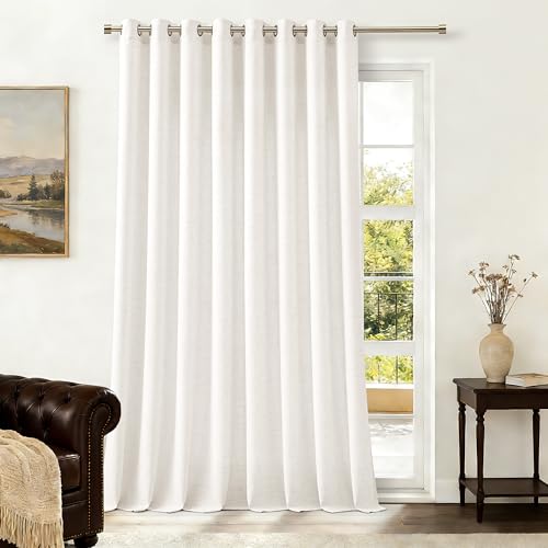 Image of Linen Curtains 100 Inch Wide 96 Inch Length Beige White 1 Panel | Room Divider, Semi Sheer, Patio Sliding Door, Large Window Curtains, Grommet, Privacy, Farmhouse, for Living Room, 100x96