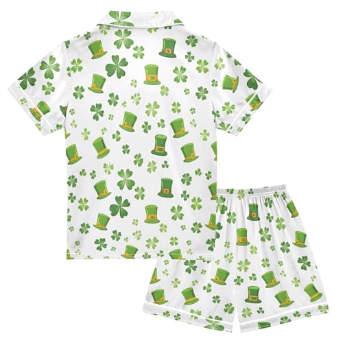 Cute Clover Green Hats Summer Satin Pajama Set, Cute Button-Down Sleepwear Pj Set for Sleep Wears2