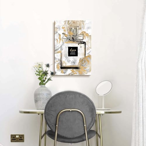 Image of HILL WEST Perfume Bottle Canvas Wall Art - Fashion Picture Elegant Gold Floral Painting Contemporary Prints Glam Modern Artwork for Girls Makeup Room Bedroom