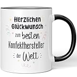 JUNIWORDS Tasse, Herzlichen Glückwunsch zum besten Konfekthersteller der Welt, Schwarz (7641365)