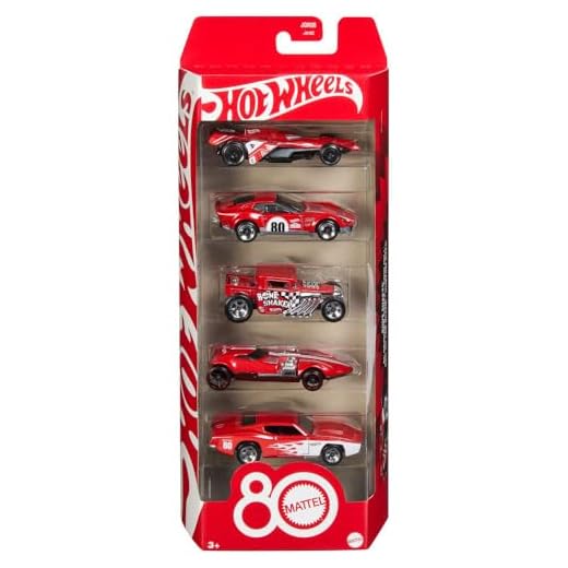 Hot Wheels Toy Cars, 5-Pack of 1:64 Scale Toy Cars with Collectible Deco & Packaging, Core Mattel 80th Anniversary Set of 5 Vehicles