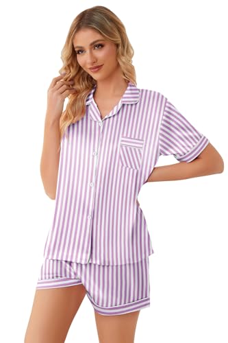 Image of Schbbbta Girls Womens Pajamas, Satin Silky Pjs Set Kids 2Pcs Button-Down Nightwear Sleepwear Gift for Mommy and me