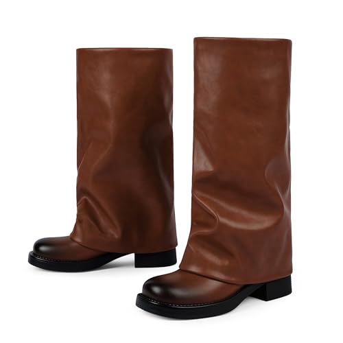 Image of Knee High Boots Women Fold Over Boots Chunky Heel Pointed Toe Tall Boots | Fashion Slouchy Boots,Side Zipper Shark Boots,Fall Spring Winter Fashion Dress Tall Boots,Evening Bridal office Long Boots