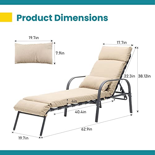 Pellebant Patio Chaise Lounge Chair With Cushion, Adjustable Chair With 5 Positions, Folding Outdoor Recliners All Weather For Beach, Pool And Yard, 2 Pcs, Tan #TOP6