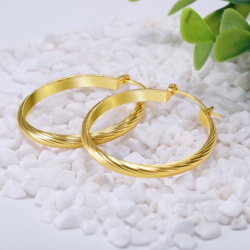 14K Gold Hoop Earrings For Women Trendy 14K Gold Earrings Classic Line Shiny Polished Hypoallergenic Earring for Women 35MM3