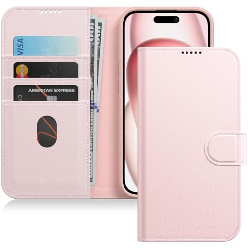 JETech Wallet Case for iPhone 15 6.1-Inch, Shockproof PU Leather Magnetic Flip Cover with Card Holder, Stand Feature and Full Camera Protection (Pink)