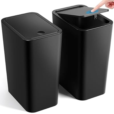 ITCPRL Bathroom Trash Can with Lid, 2 Pack 4 Gallons/15 Liters Garbage Can with Pop-Up Lid, Small Plastic Trash Can, Slim Trash Bin Waste Basket for Bathroom, Bedroom, Office, Living Room(Black)