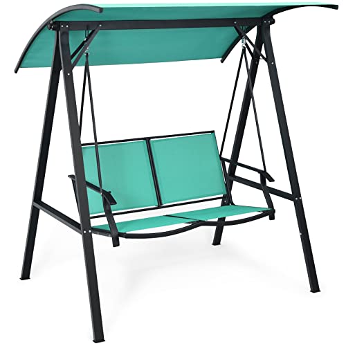 Image of Tangkula 2-Person Patio Swing, Weather Resistant Porch Swing with Adjustable Canopy, Steel Frame, Outdoor Modern Canopy Swing with Handrails, Suitable for Porch Garden Poolside (Green)