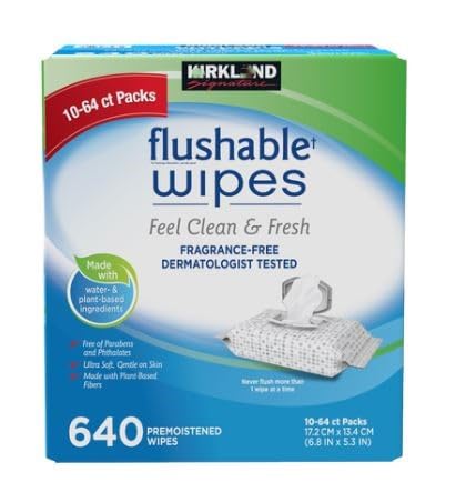 Signature Moist Flushable Wipes, Unscented, 640 Count (10 Packs of 64 Wipes)