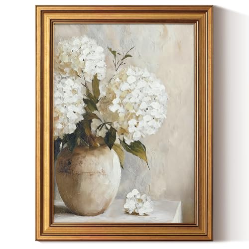 InSimSea Gold Framed Canvas Art, Vintage White Hydrangea Painting, Hand-Painted