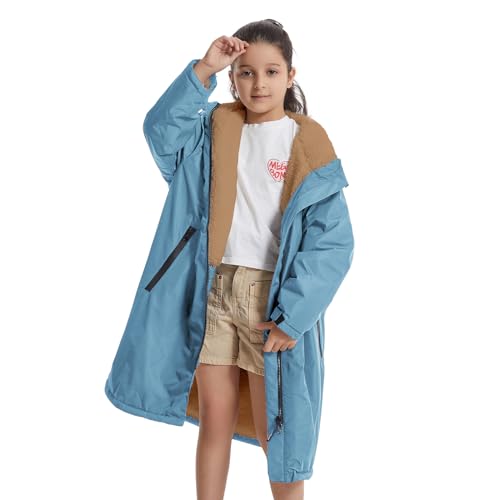 Warm Thick Lambswool Swim Parka for Kids, Oversized Hooded Surf Poncho Loose Waterproof Swimming Coat（7-14 Years Old）