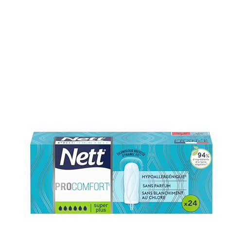 Nett – Tampons ProComfort Super Plus Sans Applicateur (boîte de 24 pièces) – Tampons avec voile effet soyeux et technologie Stay Dry – Avec ouverture en corolle et rainures incurvées