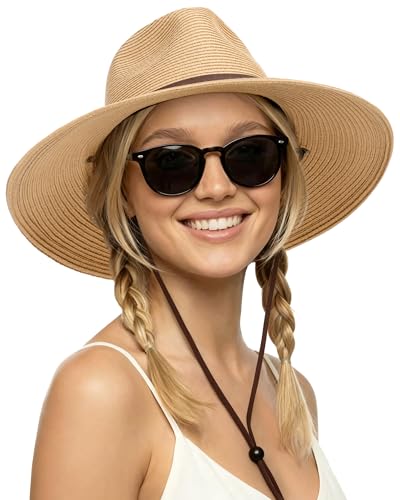 FURTALK Womens Summer Straw Sun Hats Wide Brim Panama Fedora Beach Hat with Wind Lanyard UPF 80+ Khaki