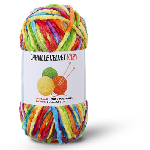 Image of Velvet Chenille Chunky Yarn, Handcrafts Weaving Soft Chenille Yarn for Crocheting Clearance, Used for Making Baby Yarn Blanket, Clothes, Knitting Creations (1 - Bright Rainbow)