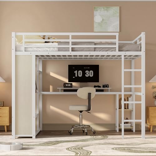 Image of Bellemave Queen Size Loft Bed with Desk, Wardrobe, Metal Queen Loft Bed Frame for Adults, Kids, Teens, White Wood-Grain