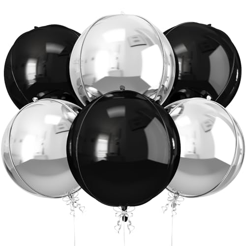 Image of Black Silver Round Foil Balloons Birthday Prom Decor 22 Inch 6 Pcs | Metallic 4D Helium Ball Balloons for Graduation Christmas New Year Eve Disco Party Backdrop Decorations