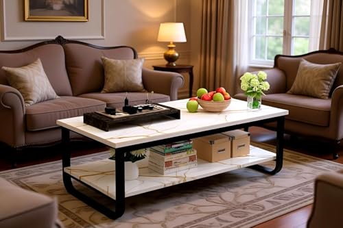 Image of Engineered Wood Coffee Table with Metal Base & 2 Tier Storage | Modern Rectangle Center Table for Living Room Sofa Set | Easy DIY Assembly (90 x 48 x 48 cm) (White Black)