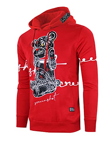 Screenshot-H1122 Mens Urban Hip Hop Premium Fleece Hoodie - Head Lifting Paisley Cartoon Teddy Bear Fashion Hooded Sweatshirt-Red-Medium #TOP1