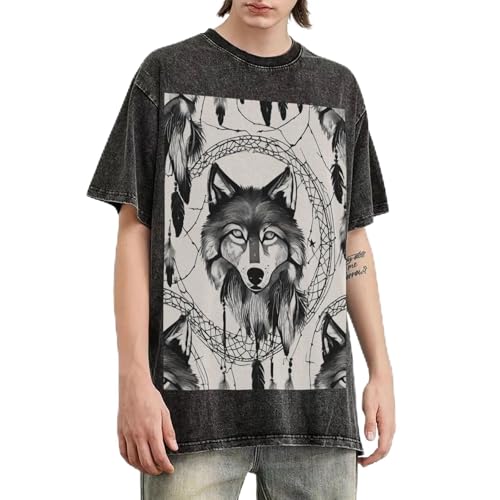 Image of jngmeng Wolves and Dream Catchers01 Print Vintage Men's Short Sleeve Tees Washed T-Shirts Daily Casual Wear Summer Tops Black