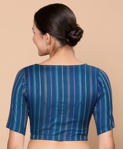 Image of Studio Shringaar Women's Blue Cotton Handloom Stretchable (Smocked) Readymade Saree Blouse