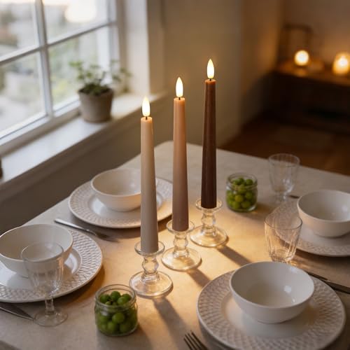 Image of Brown Flameless Taper Candles with Remote, 9.6 Inches Real Wax Battery Operated Candles, 3 Pack Flickering LED Candlesticks, Tall Taper Fake Candles for Home, Wedding, Party