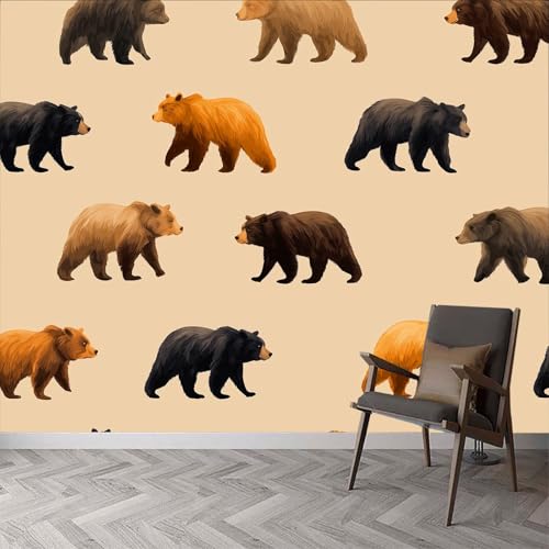 Papel pintado panorámico bosque animales oso, papel pintado no tejido estilo dibujado a mano para dormitorio salón comedor - Decoración mural moderna fondo fotográfico artístico 200An x 140Al cm