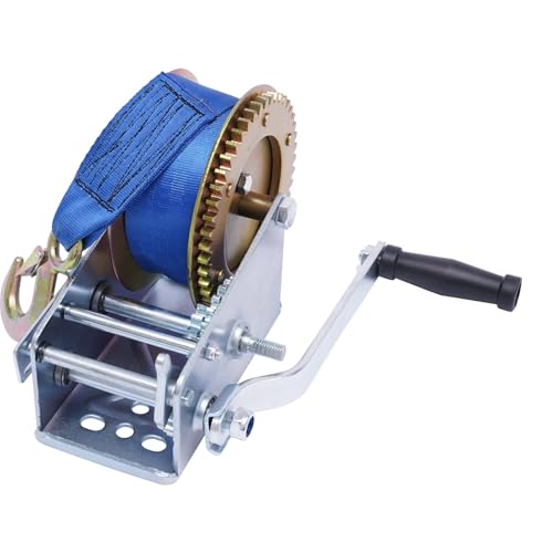 Pindex Treuil manuel avec sangle de 10 m, force de traction de 1000 kg, treuil manuel avec anti-retour, robuste pour remorque, garage, atelier, dinghi et...