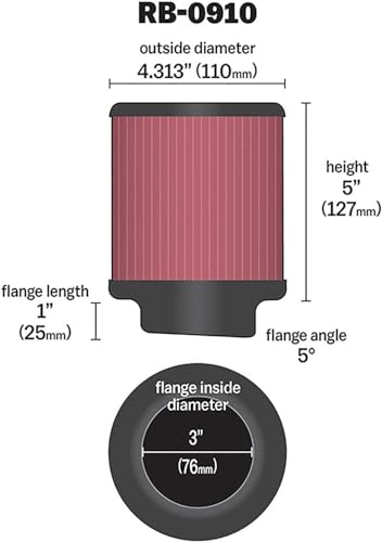 Image of K&N High-Flow Original Lifetime Universal Clamp-On Air Filter: High Performance, Premium, Washable: Flange Diameter: 3 In, Filter Height: 5In, Flange Length: 1 In, Shape: Round, RB-0910 (Pack of 6)