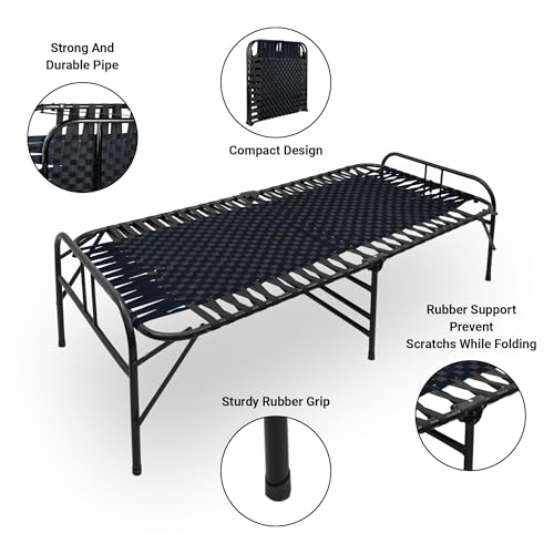Image of Casa Copenhagen, Portable Single Folding Bed Heavy Duty Metal Cot Khat for Sleeping Bed Space Saving Design Sturdy Synthetic Niwar feet - Dark Black & Black