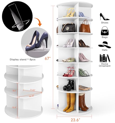 7 Tier Rotating Shoe Rack Tower with 8 Pcs Shoe Display Stands, Free Standing 360° Revolving Shoe Organizer, Spinning Shoe Display Lazy Susan, Shoe Rack Storage Round Carousel - Image 3