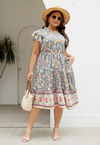 Image of Keluummi Plus Size Midi Dress for Curvy Women Wedding Guest Summer Floral Empire Waist Short Sleeve with Pockets