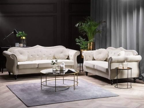 Image of Modern & Classic Chesterfield Sofa 5 Seater Sofa Velvet L-Shape Corner Sectional Button Tufted Sofa for Living Room, Dining Room, Office and Hallway-(Beige-C).